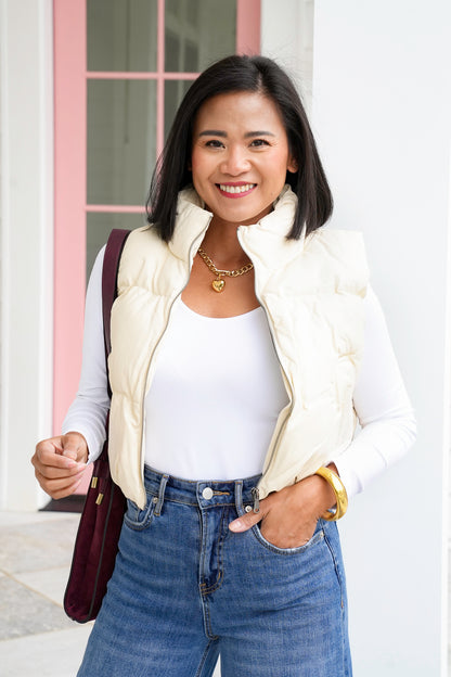 Vegan Leather Cropped Zip-Up Puffer Vest