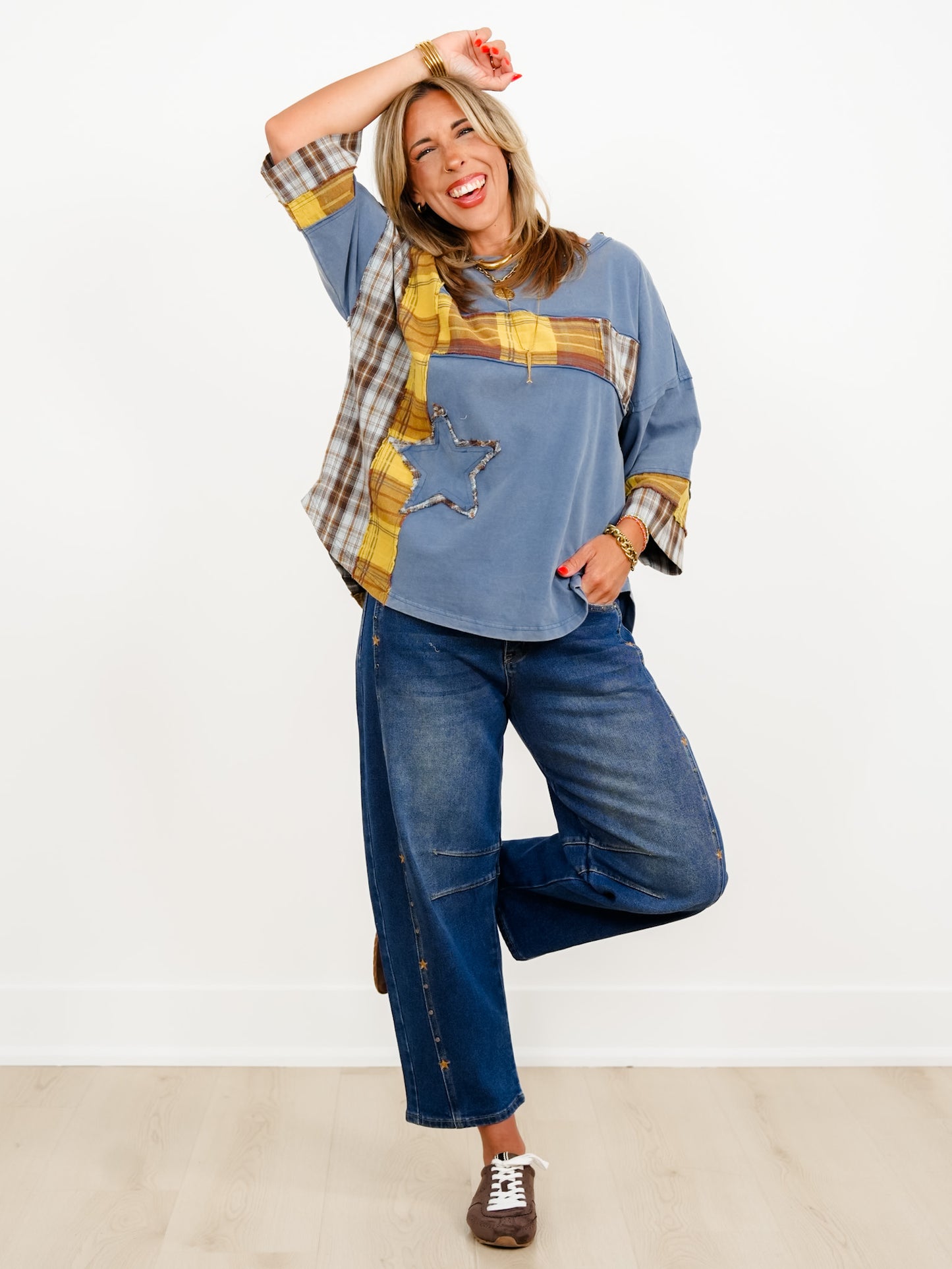 Restock! Plaid Mixed 3/4 Sleeve Top with Star Patch - Freckled Poppy