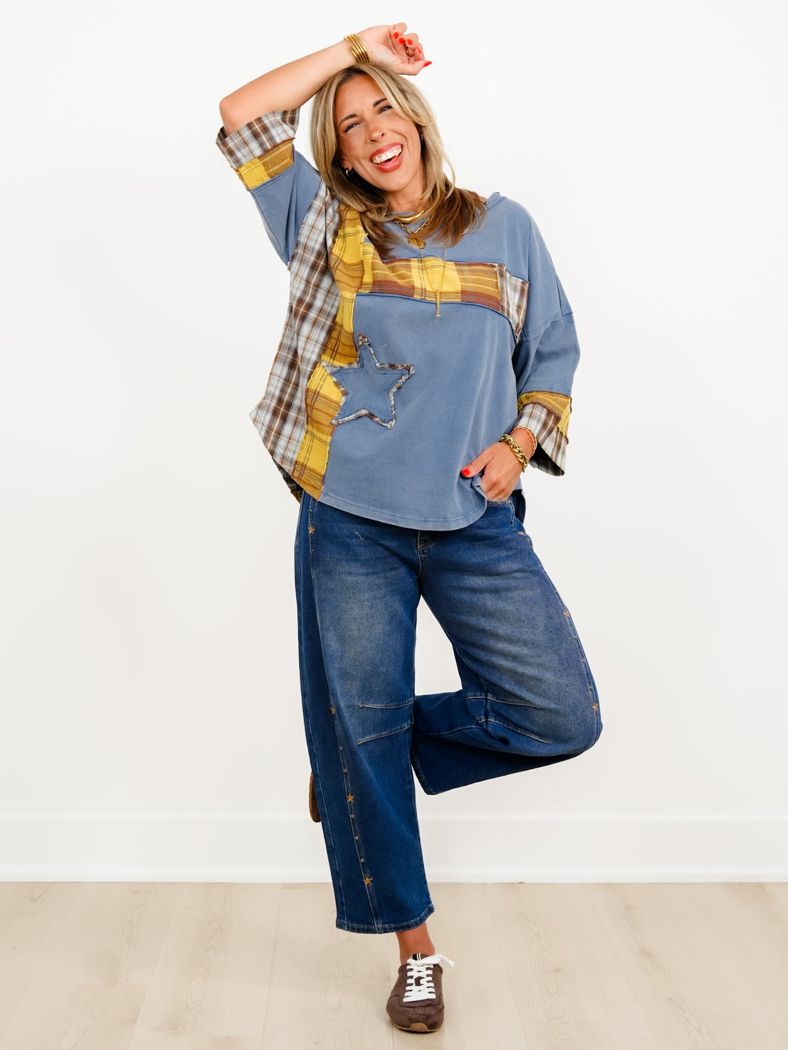 Restock! Plaid Mixed 3/4 Sleeve Top with Star Patch - Freckled Poppy