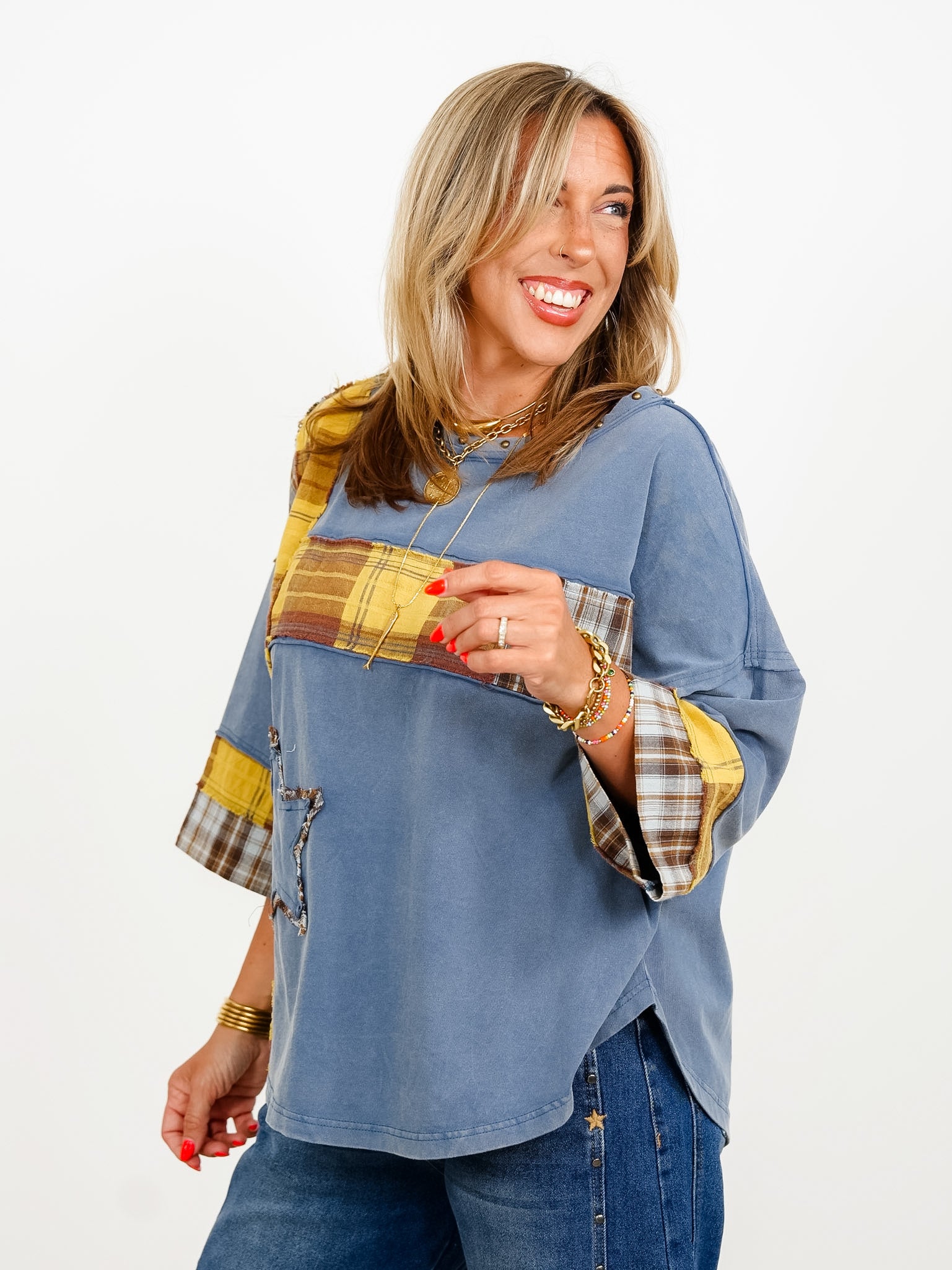 Restock! Plaid Mixed 3/4 Sleeve Top with Star Patch - Freckled Poppy