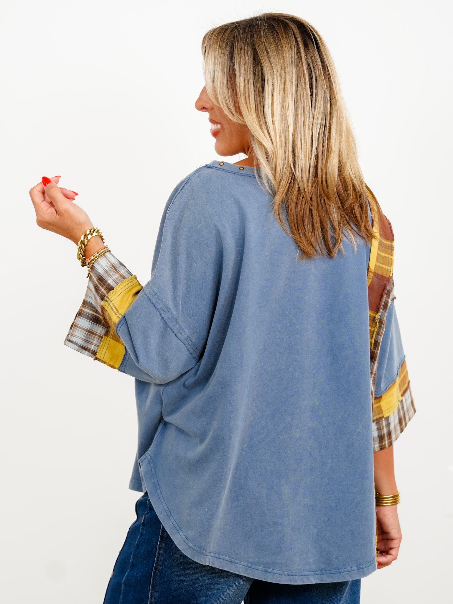 Restock! Plaid Mixed 3/4 Sleeve Top with Star Patch - Freckled Poppy