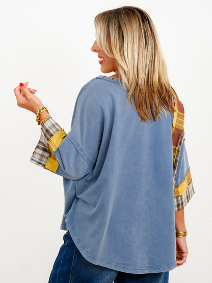 Restock! Plaid Mixed 3/4 Sleeve Top with Star Patch - Freckled Poppy