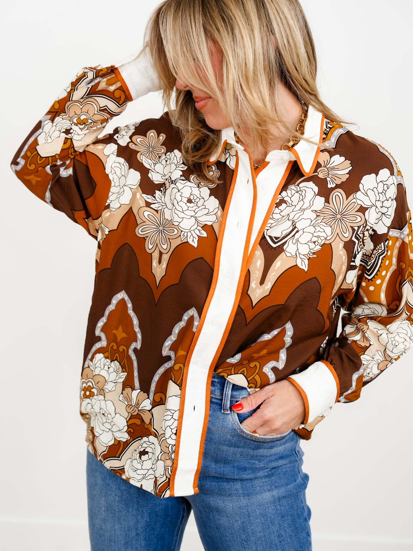 Plus/Reg Retro Printed Long Sleeve Button Down Top