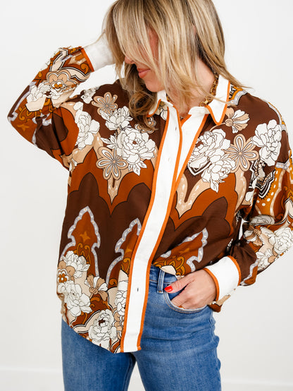 Plus/Reg Retro Printed Long Sleeve Button Down Top