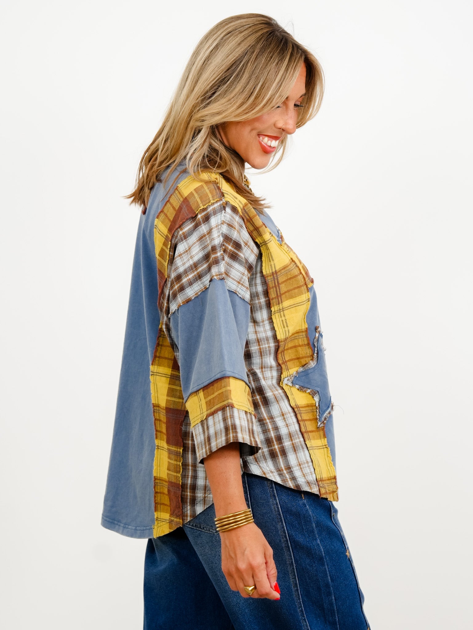 Restock! Plaid Mixed 3/4 Sleeve Top with Star Patch - Freckled Poppy