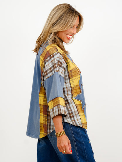 Restock! Plaid Mixed 3/4 Sleeve Top with Star Patch - Freckled Poppy