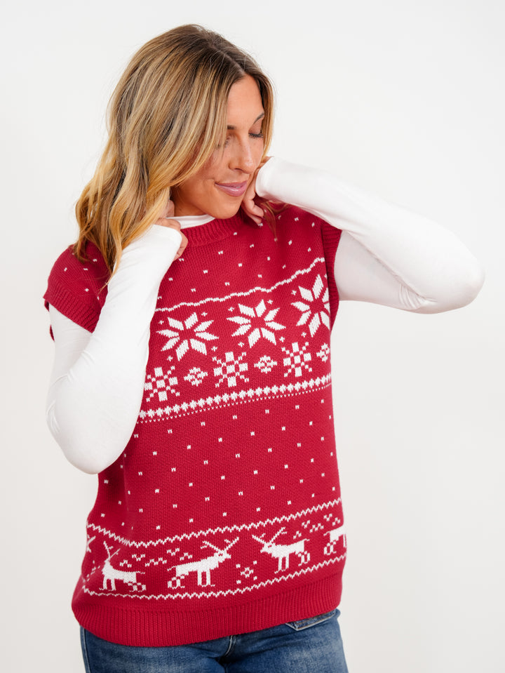 Reindeer Faire Isle Print Holiday Sleeveless Sweater Vest - Freckled Poppy