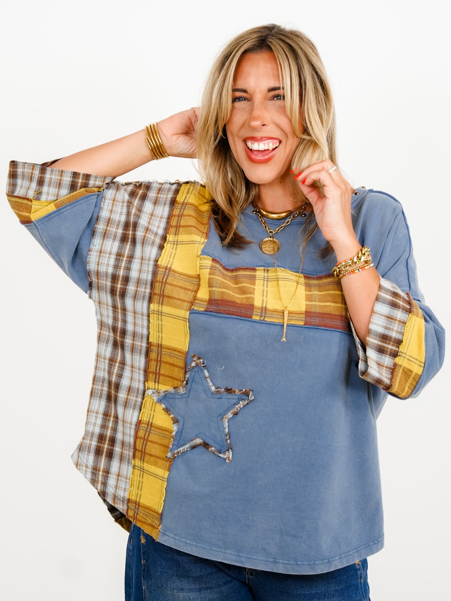Restock! Plaid Mixed 3/4 Sleeve Top with Star Patch - Freckled Poppy