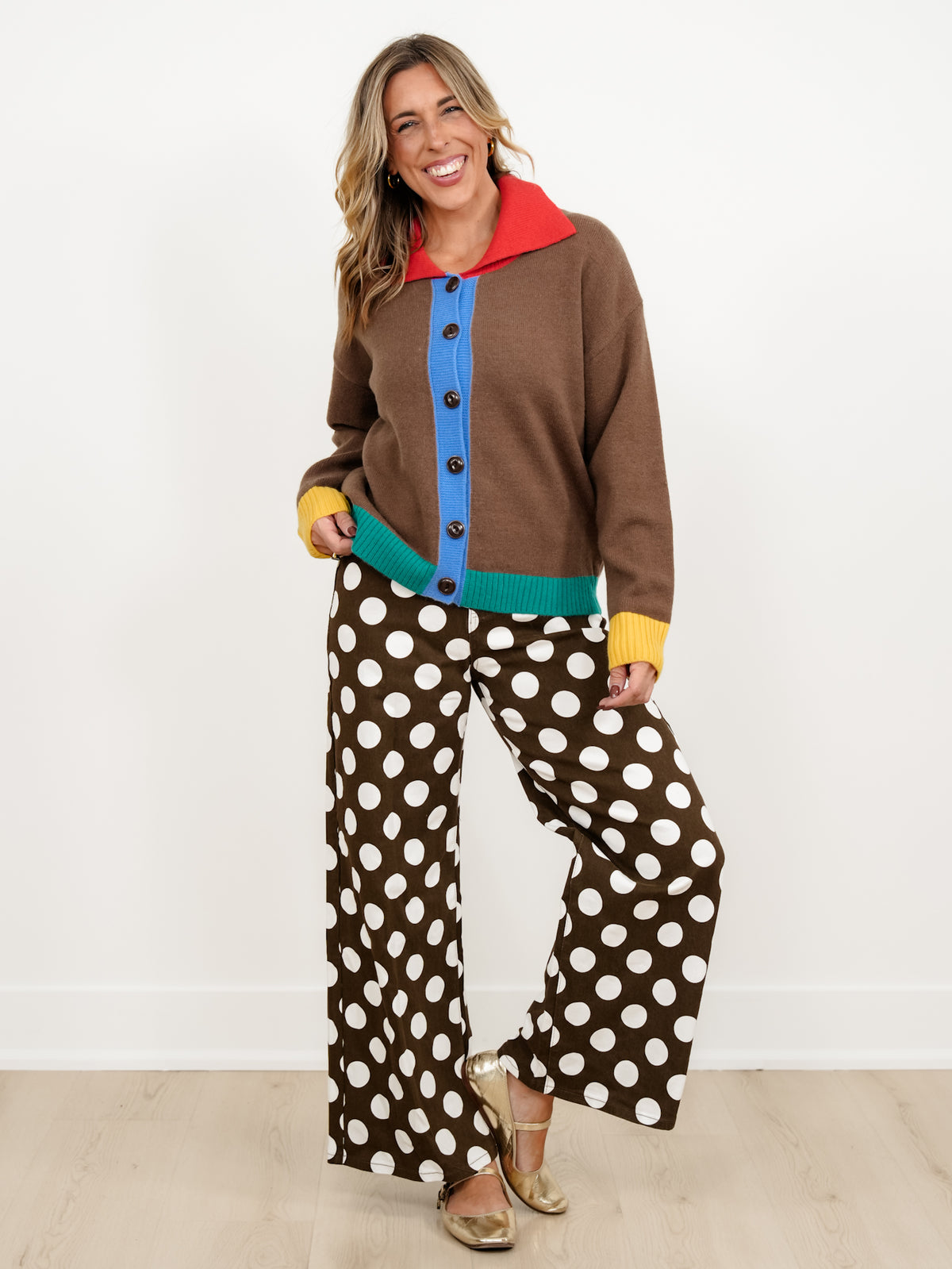 Color Block Long Sleeve Collared Button Down Cardigan