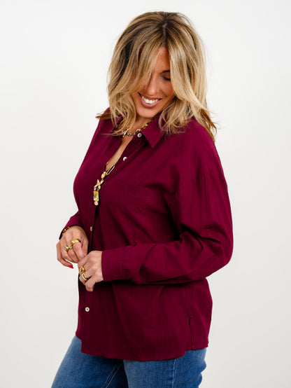 Long Sleeve Button Down Top With Front Pocket