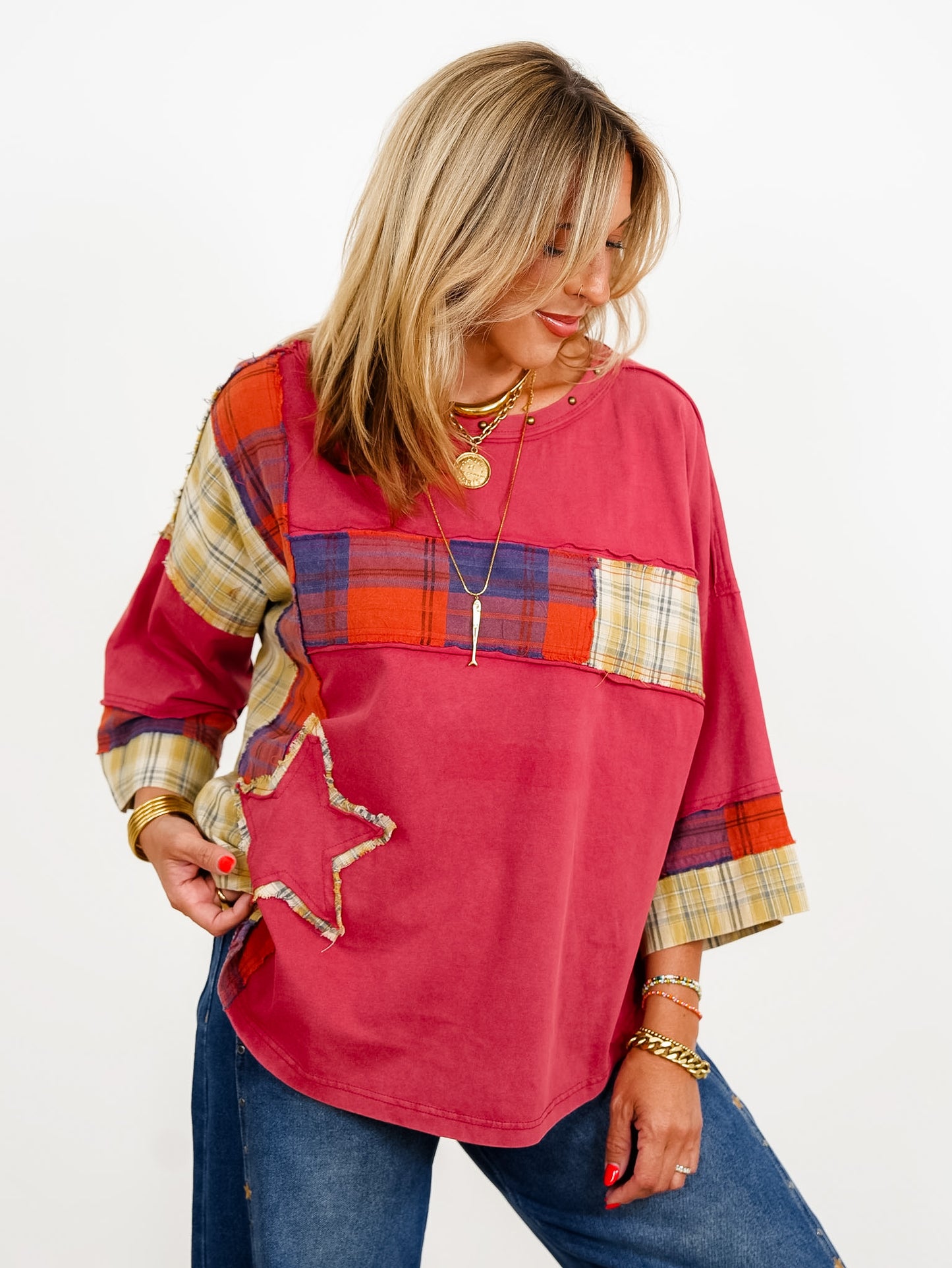 Restock! Plaid Mixed 3/4 Sleeve Top with Star Patch - Freckled Poppy
