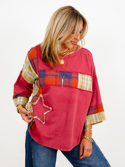 Restock! Plaid Mixed 3/4 Sleeve Top with Star Patch - Freckled Poppy