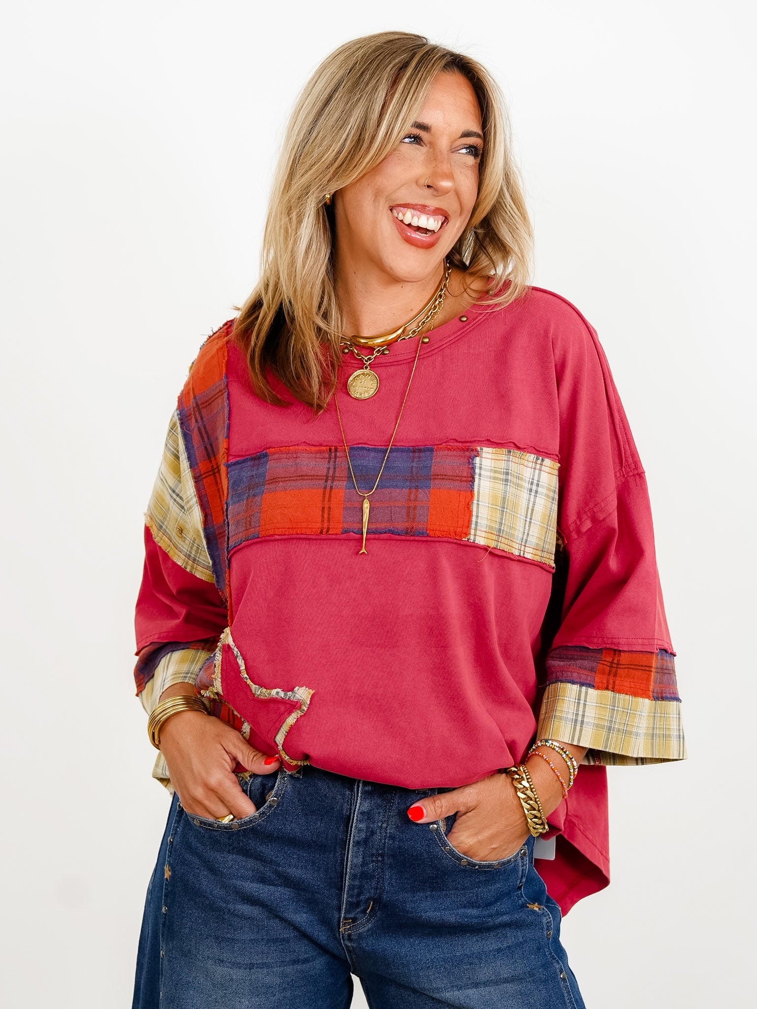 Restock! Plaid Mixed 3/4 Sleeve Top with Star Patch - Freckled Poppy