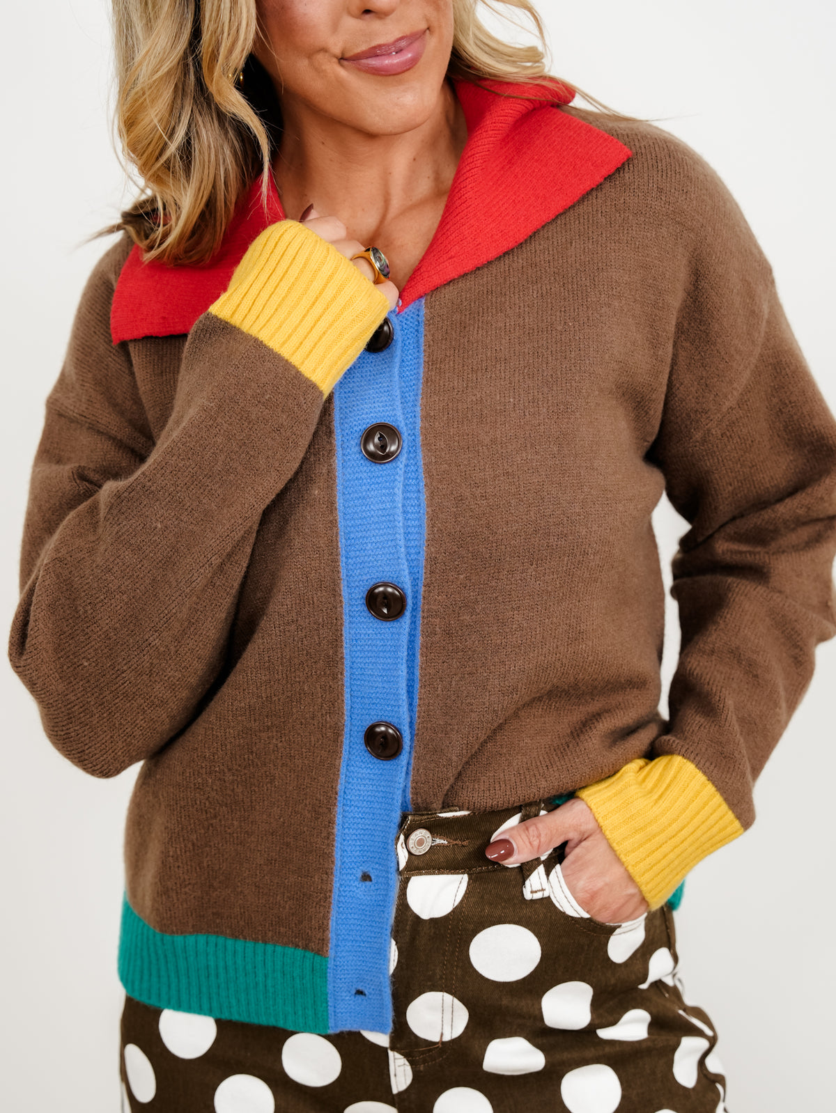Color Block Long Sleeve Collared Button Down Cardigan