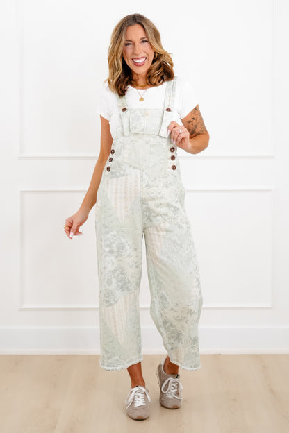 Vintage Patchwork Print Twill Overalls