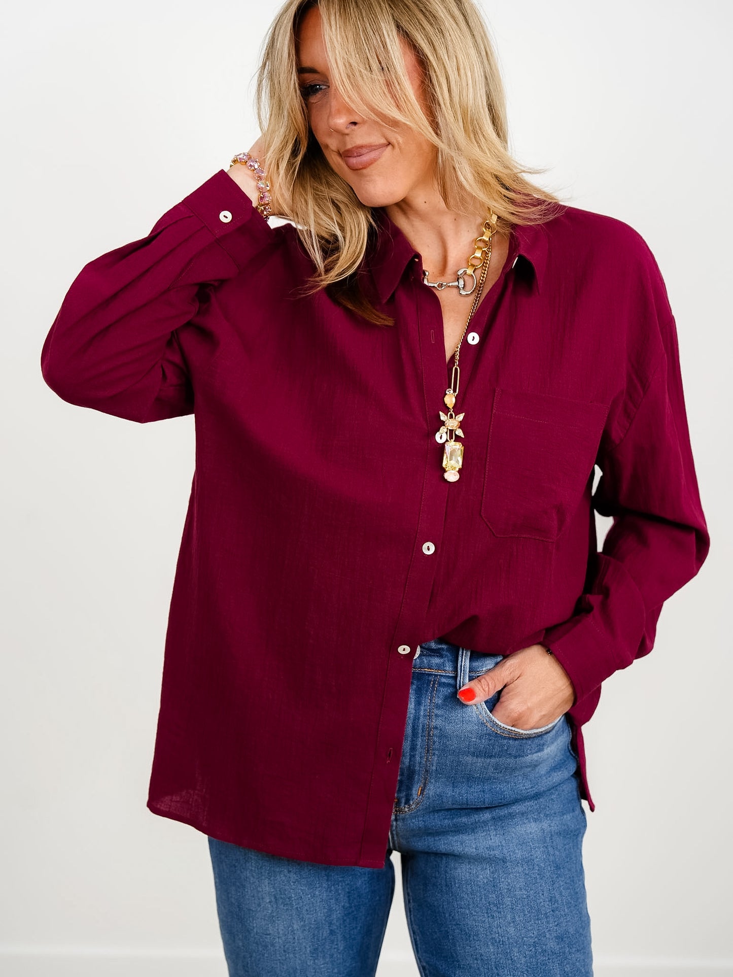 Long Sleeve Button Down Top With Front Pocket