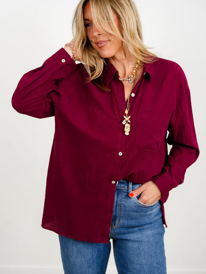 Long Sleeve Button Down Top With Front Pocket