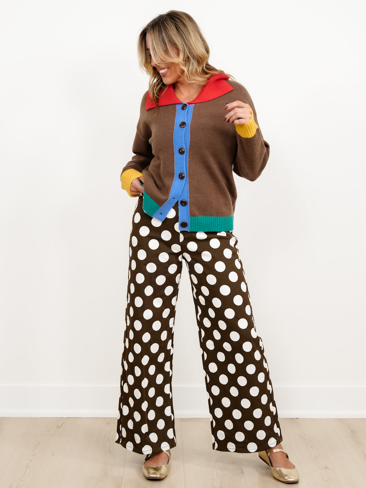 Plus/Reg Polka Dot High Waist Wide Leg Pants