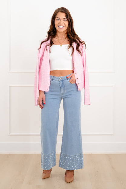 Light Wash Denim Jeans With Pearl Detail