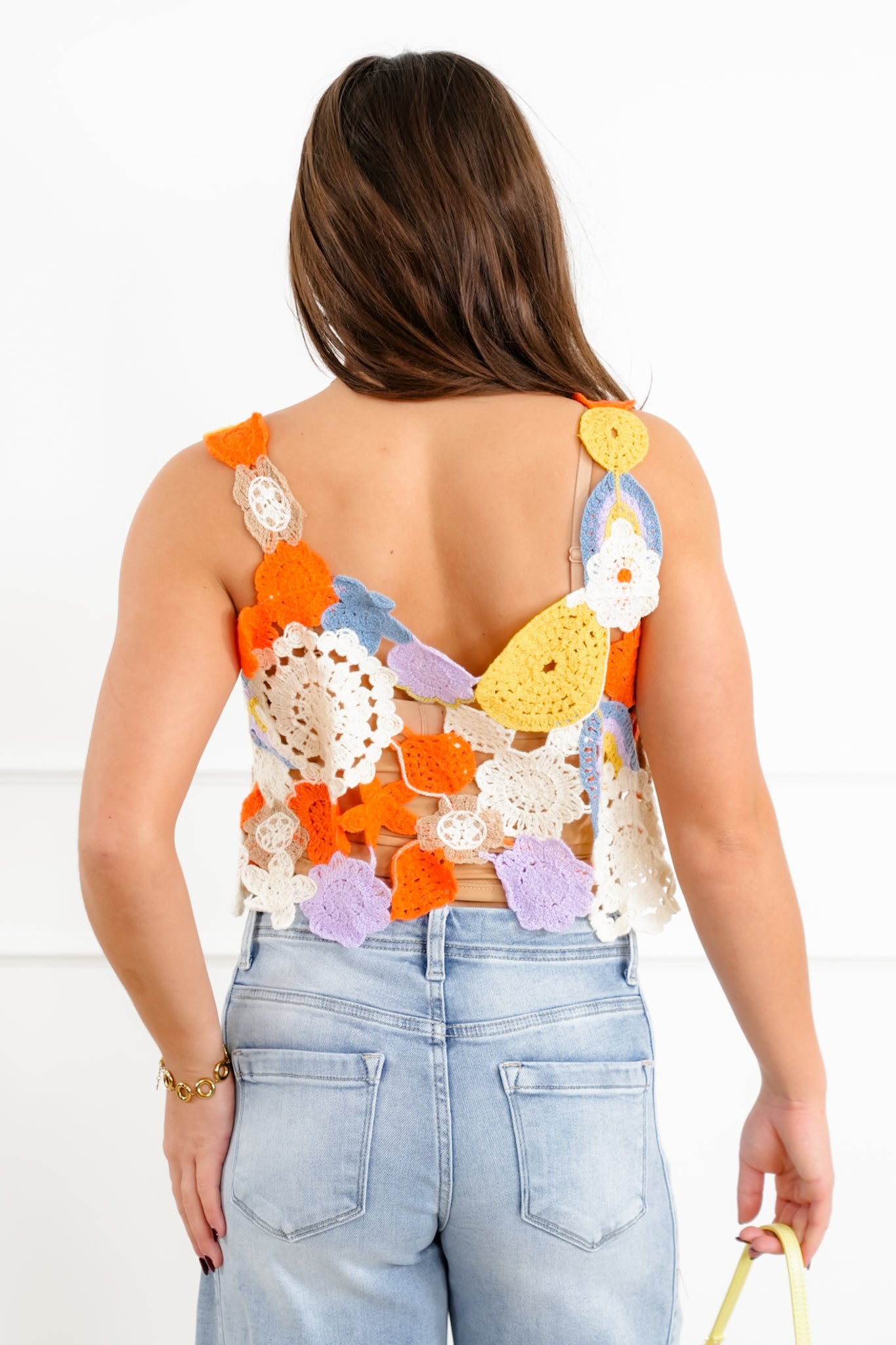 POL Crochet Floral Sleeveless Crop Top