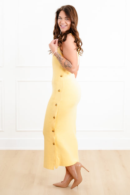 Ribbed Sleeveless Midi Sweater Dress with Button Accent