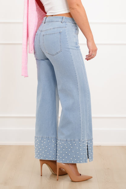 Light Wash Denim Jeans With Pearl Detail