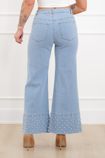 Light Wash Denim Jeans With Pearl Detail