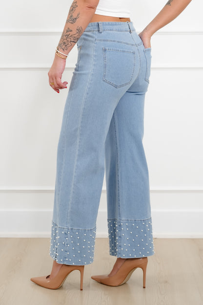Light Wash Denim Jeans With Pearl Detail