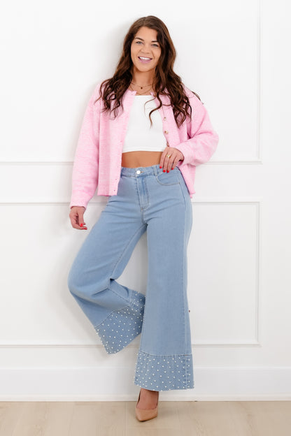 Light Wash Denim Jeans With Pearl Detail