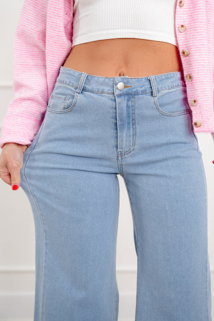 Light Wash Denim Jeans With Pearl Detail