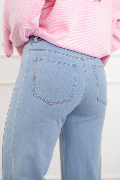 Light Wash Denim Jeans With Pearl Detail