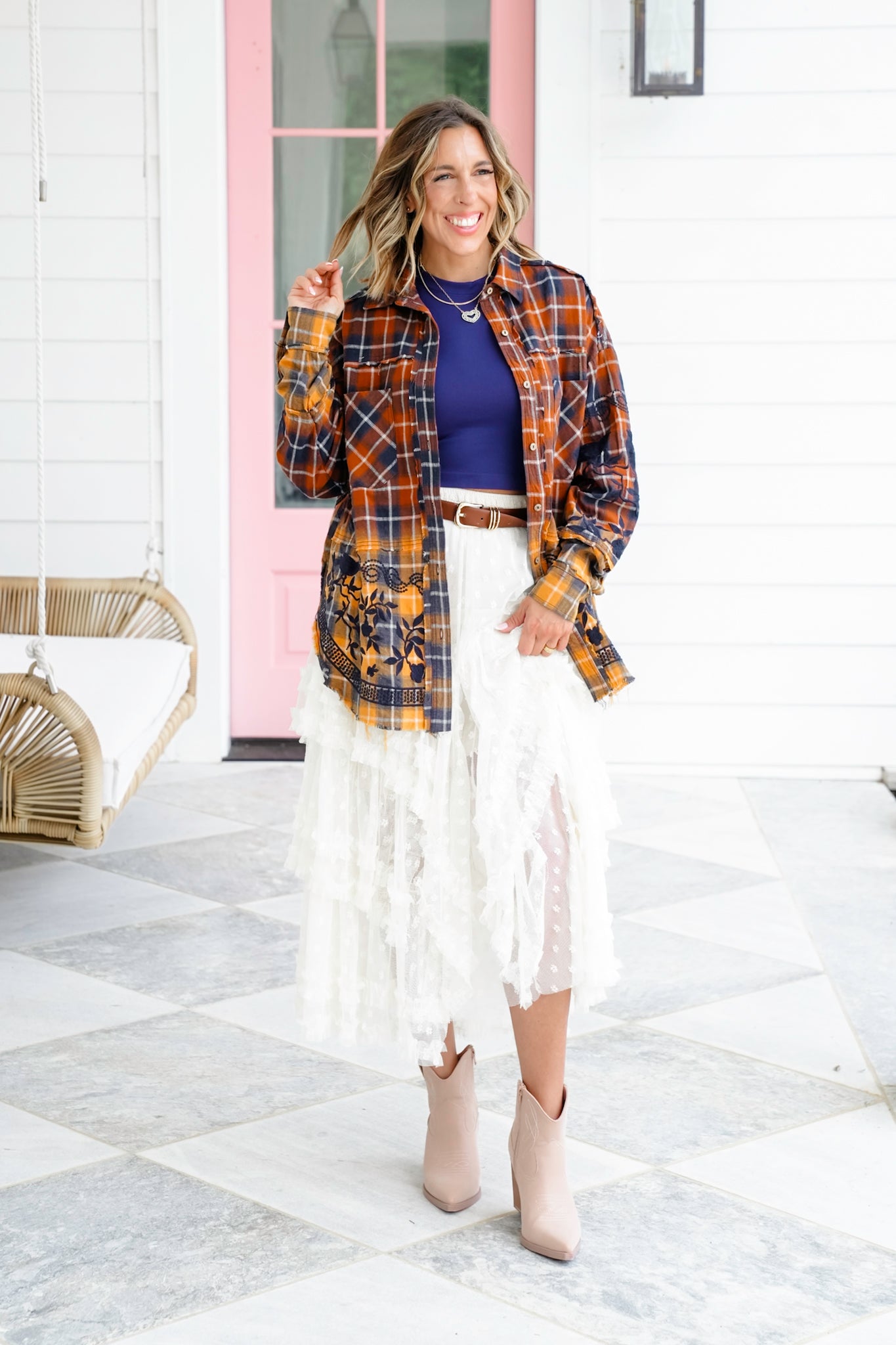 Flannel Dip Dyed Shirt with Floral Embroidery Detail