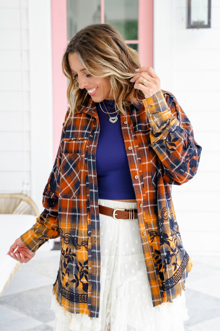 Flannel Dip Dyed Shirt with Floral Embroidery Detail