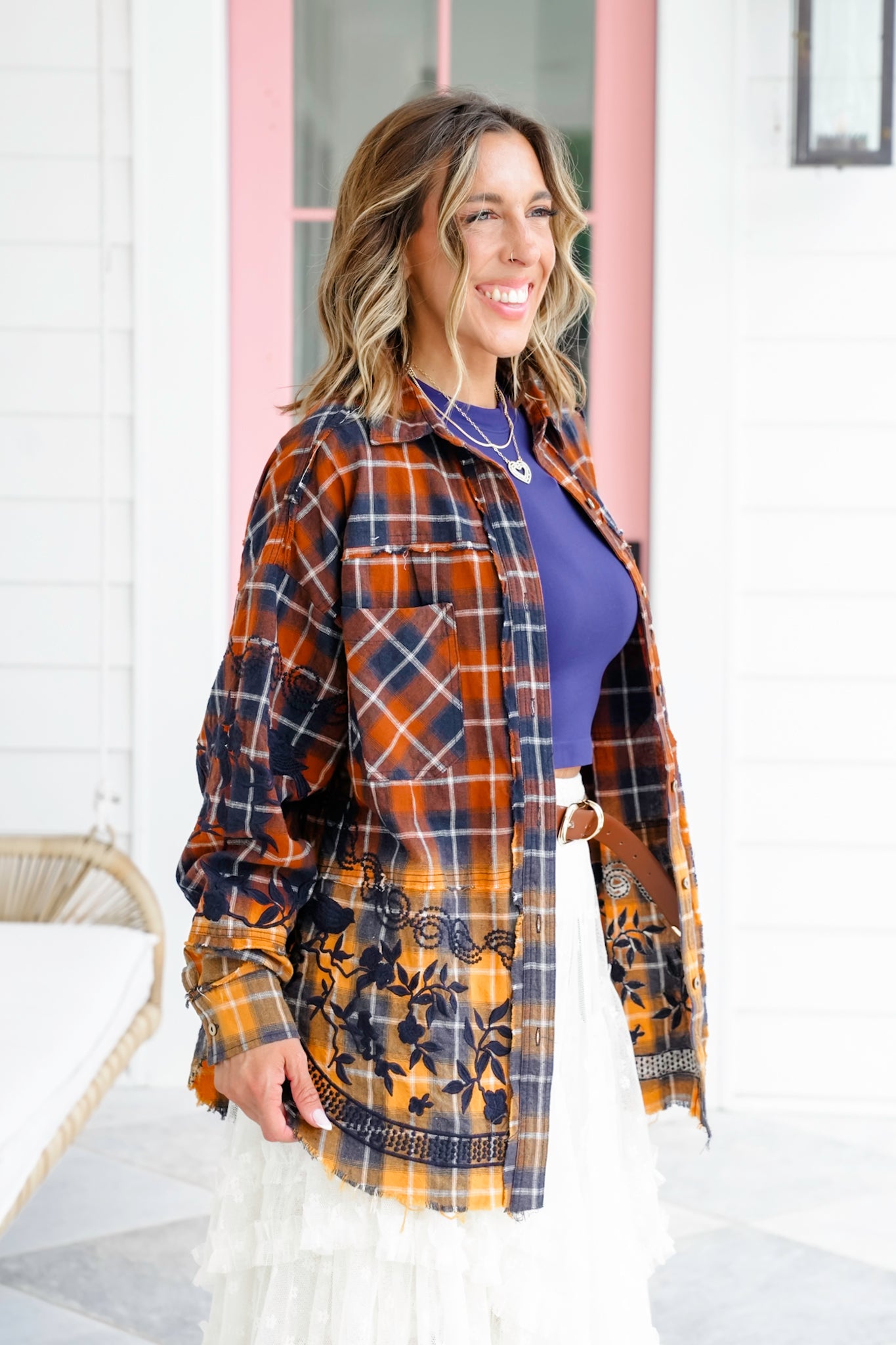 Flannel Dip Dyed Shirt with Floral Embroidery Detail