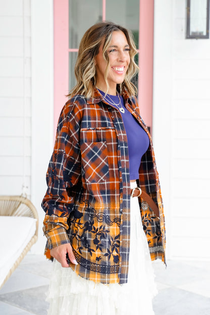 Flannel Dip Dyed Shirt with Floral Embroidery Detail