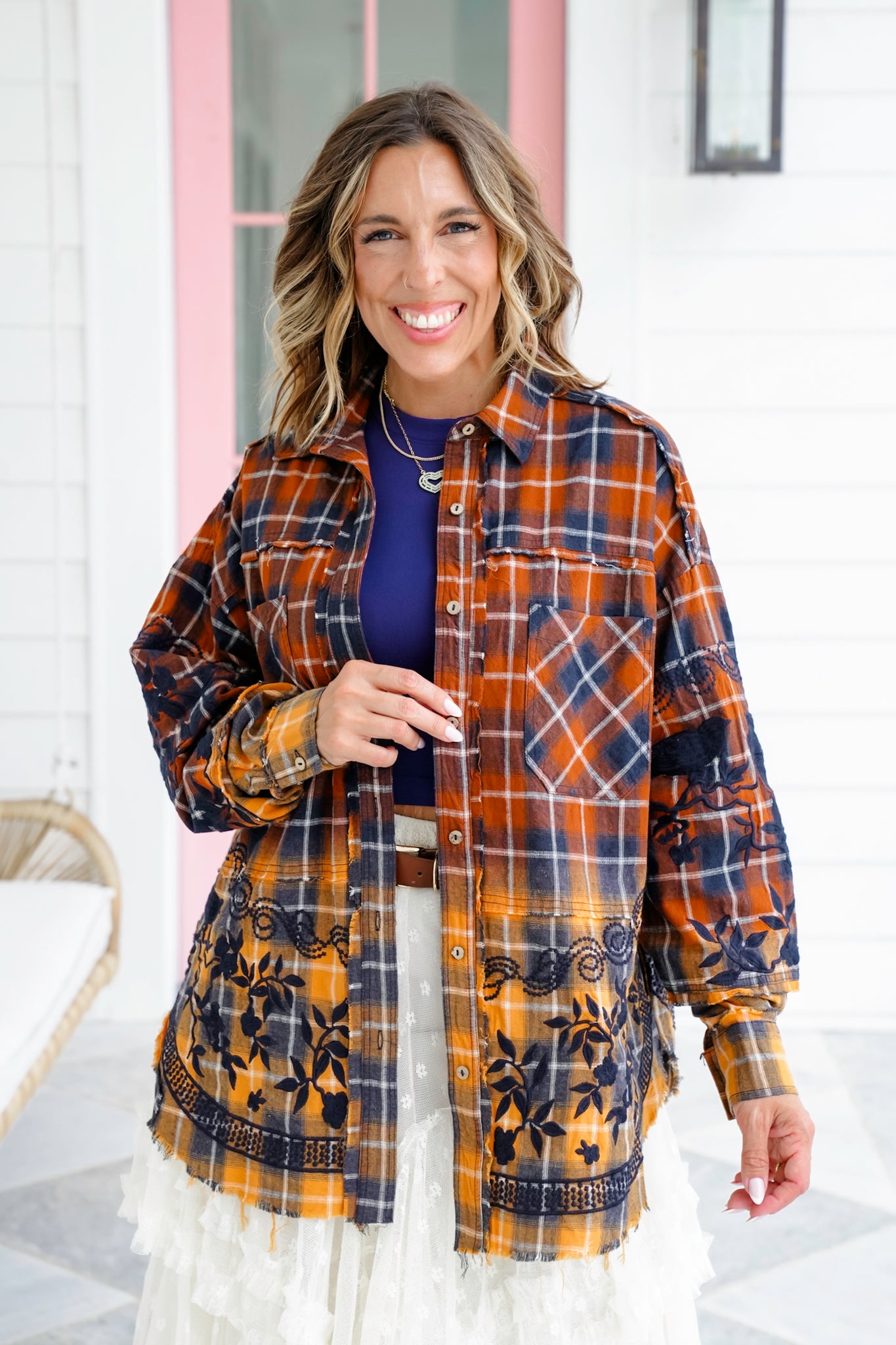 Flannel Dip Dyed Shirt with Floral Embroidery Detail