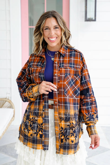 Flannel Dip Dyed Shirt with Floral Embroidery Detail