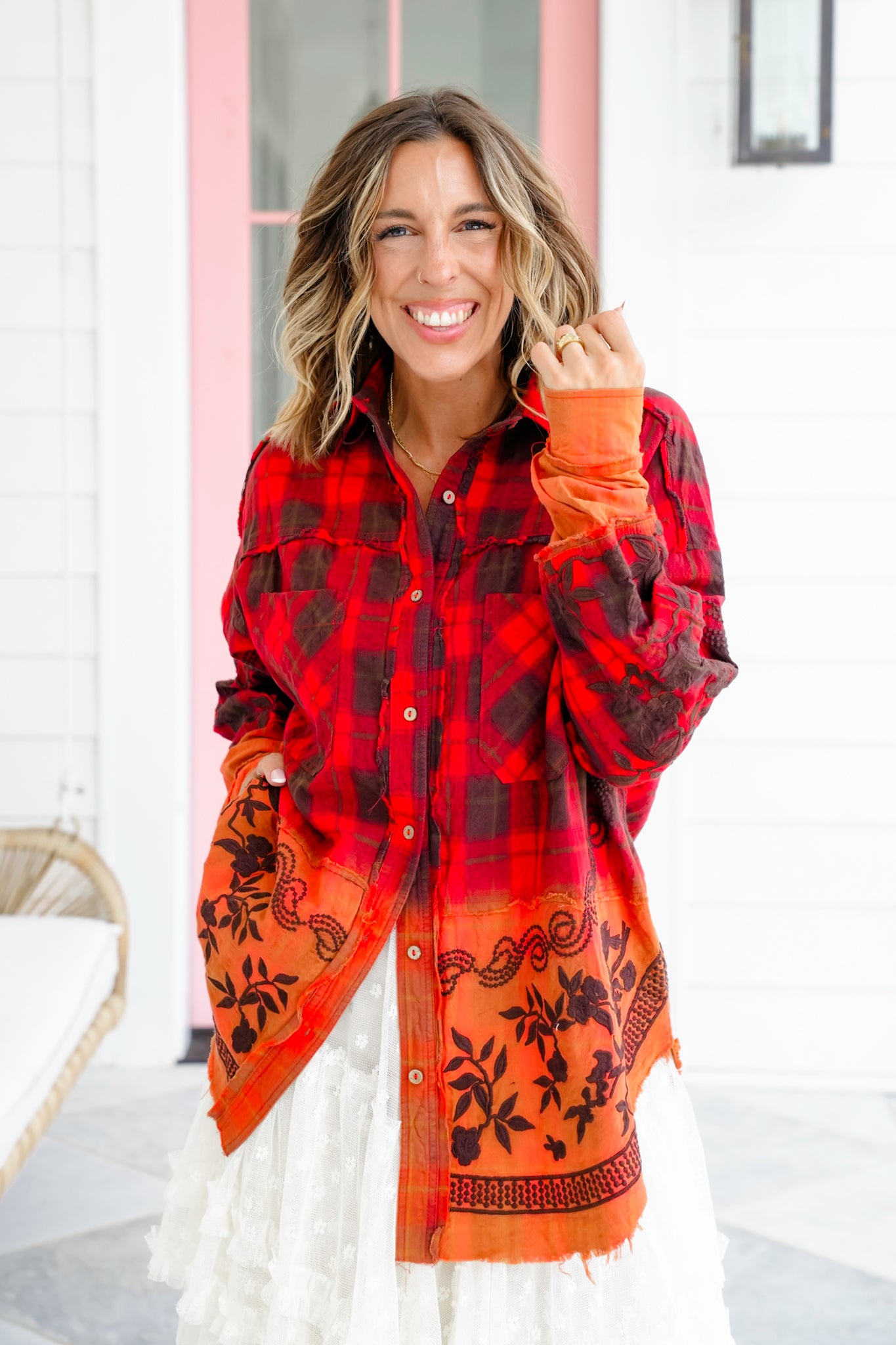 Flannel Dip Dyed Shirt with Floral Embroidery Detail