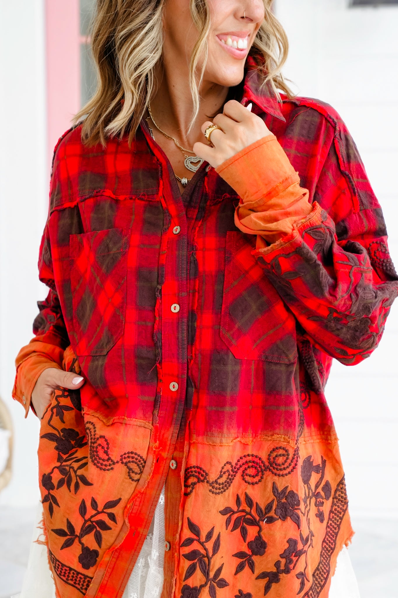 Flannel Dip Dyed Shirt with Floral Embroidery Detail