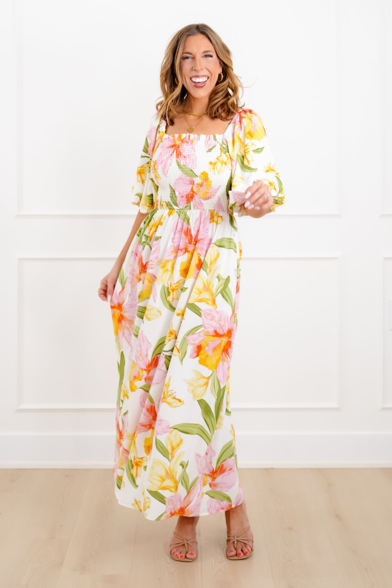 Plus/Reg Floral Puff Sleeve Square Neck Maxi Dress