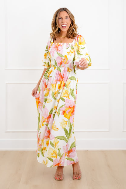 Plus/Reg Floral Puff Sleeve Square Neck Maxi Dress