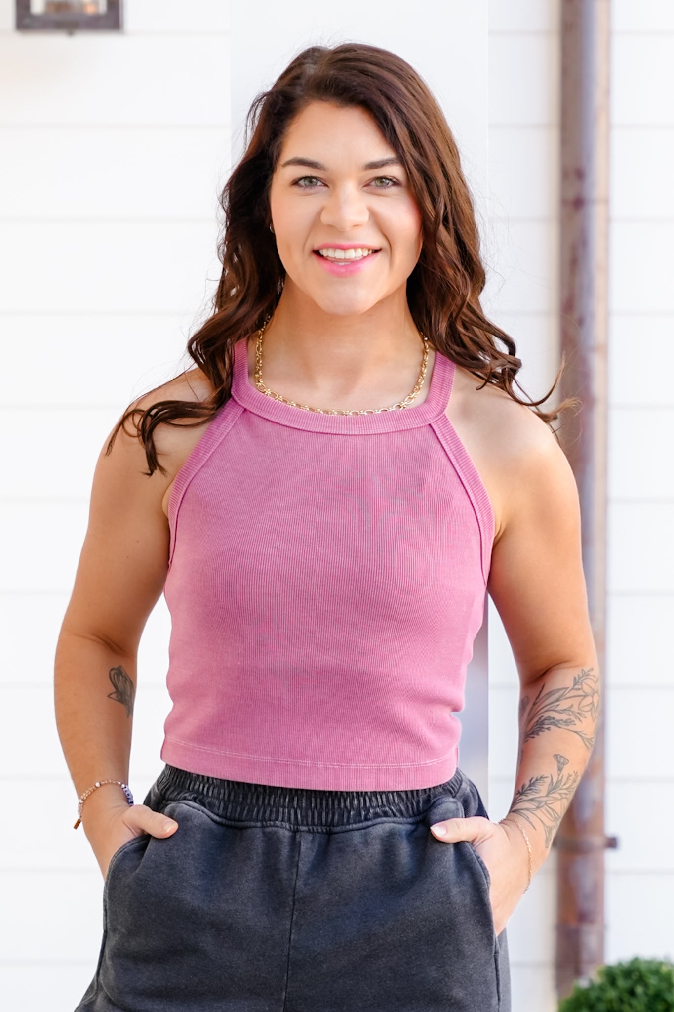 Mineral Wash Ribbed Halter Tank Top