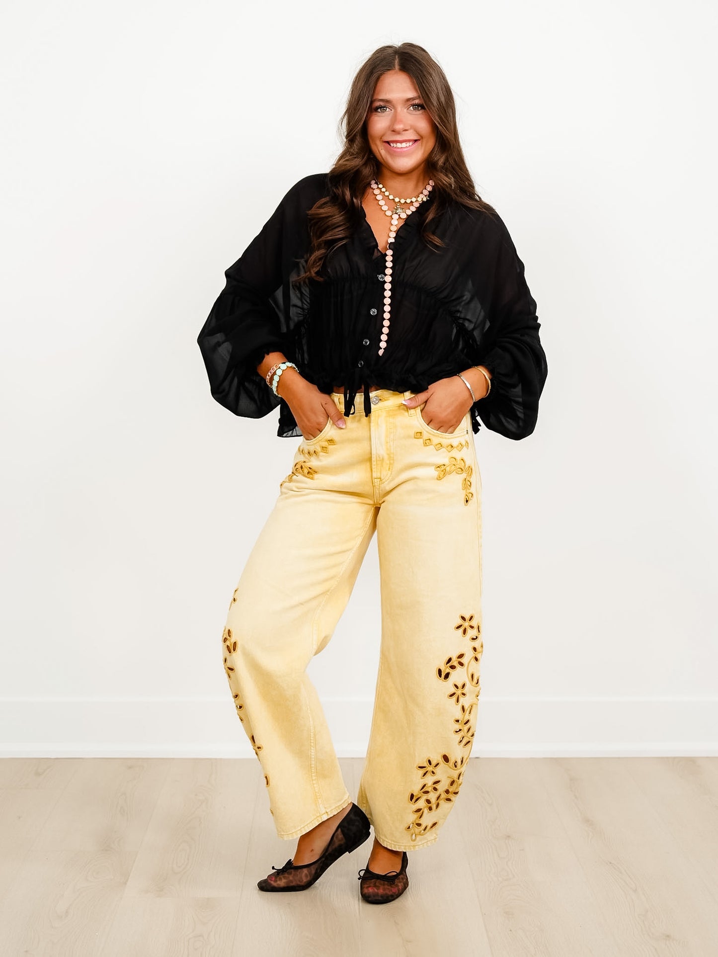 Plus/Reg Sheer Long Sleeve V-Neck Ruffled Top