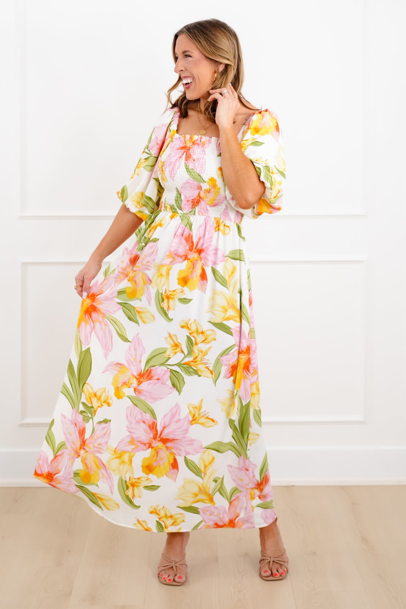 Plus/Reg Floral Puff Sleeve Square Neck Maxi Dress