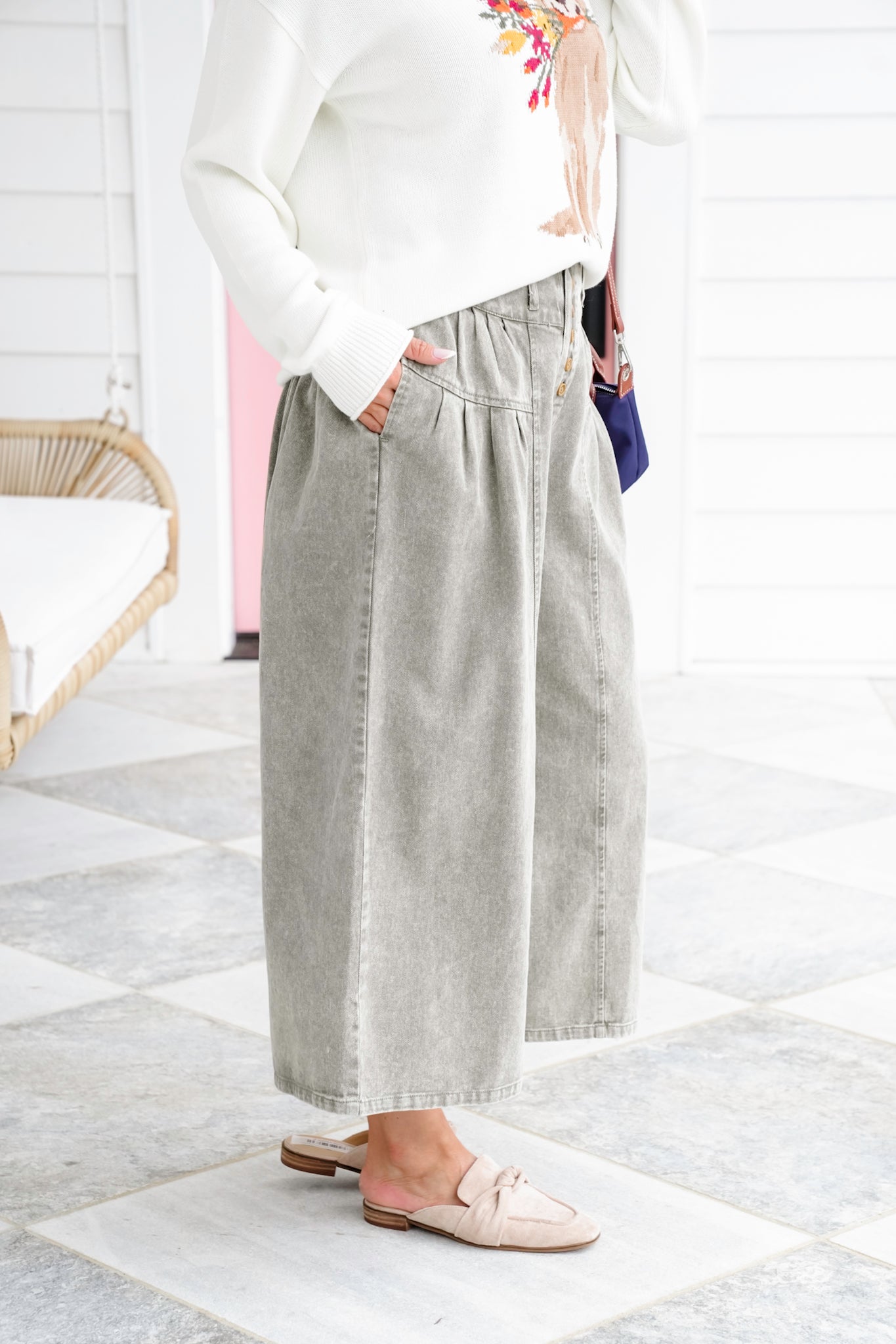Twill Pleated Button Up Wide Leg Pants
