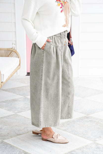 Twill Pleated Button Up Wide Leg Pants