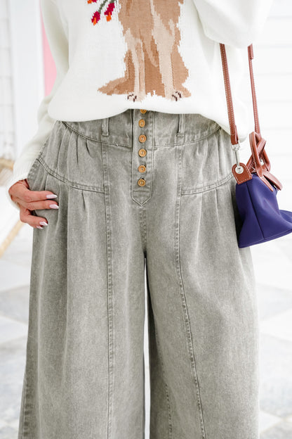 Twill Pleated Button Up Wide Leg Pants