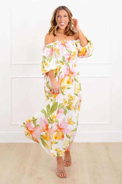 Plus/Reg Floral Puff Sleeve Square Neck Maxi Dress