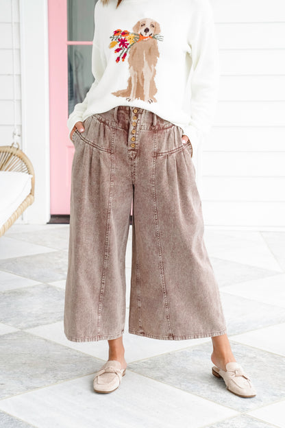 Twill Pleated Button Up Wide Leg Pants