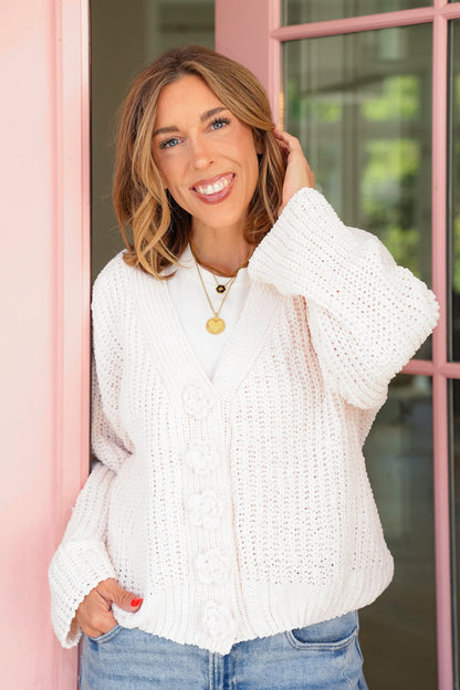 POL Chenille Long Sleeve Cardigan with Buttons